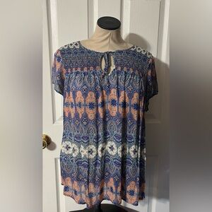 Lucky Brand Women's Short Sleeve Geometric Boho Blouse Top Shirt Size M